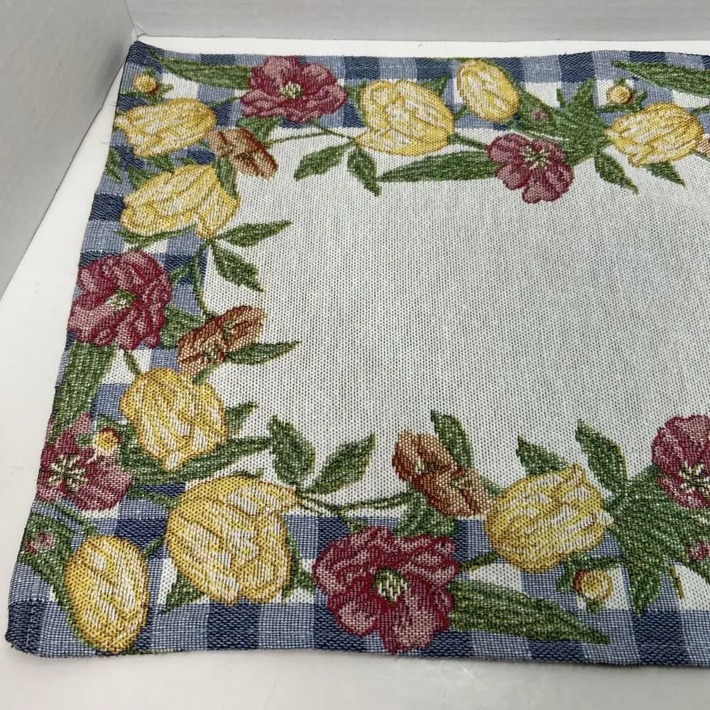 Tulip Flowers Blue White Checked Border Woven Tapestry 19